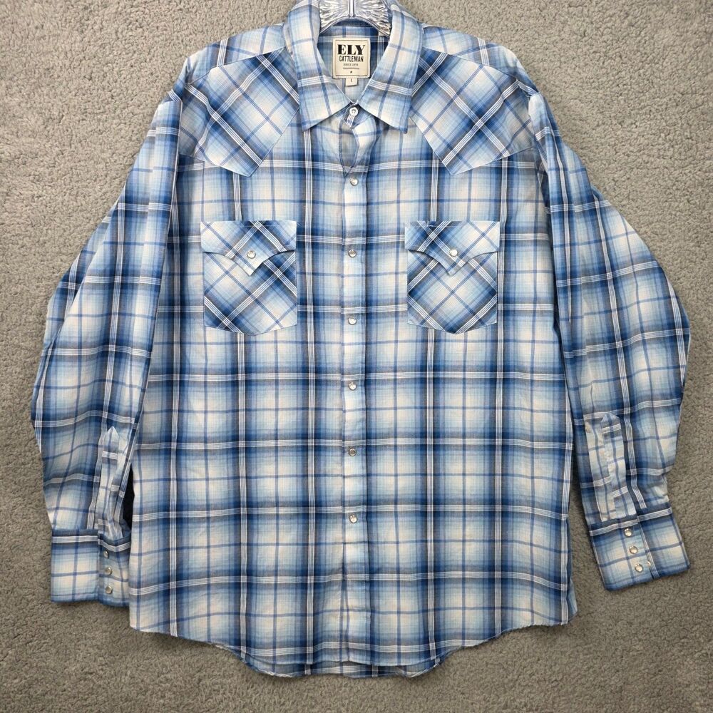 Ely Cattleman Men's Blue Western Pearl Snap Plaid Rodeo Cowboy Size L